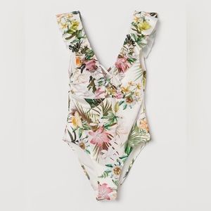 H&M Cream/Floral print Ruffle Onepiece swimsuit - NWT Large
